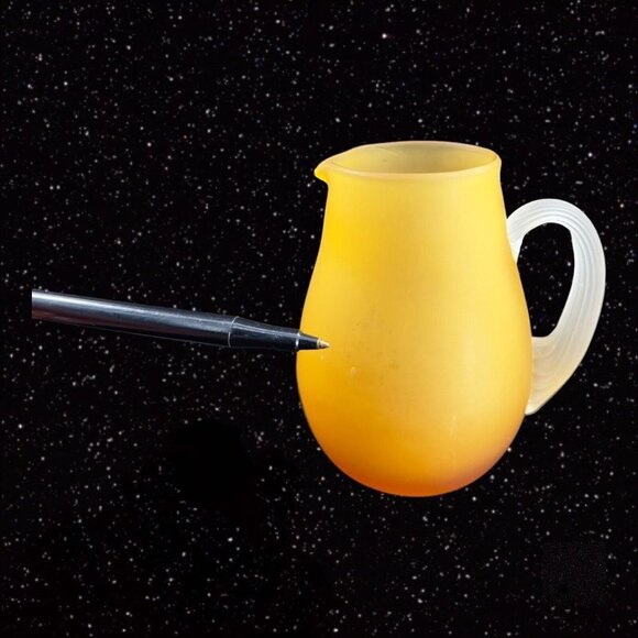 Hand Blown Art Glass Pitcher Creamer Amber Yellow Frosted W Clear Swirl Handle - Picture 6 of 12